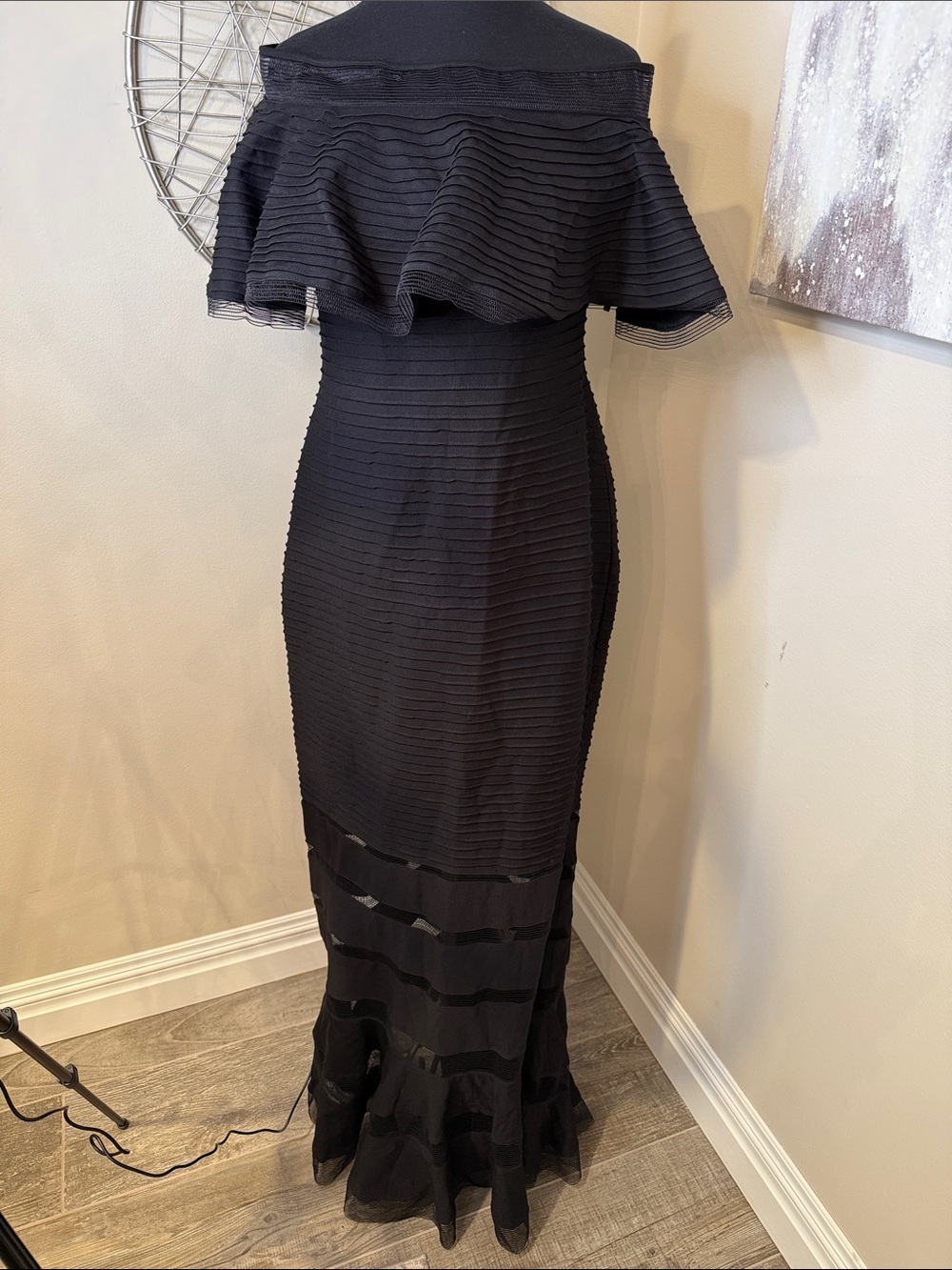 Elegant Black Off-Shoulder Ruffled Maxi Dress size Medium
